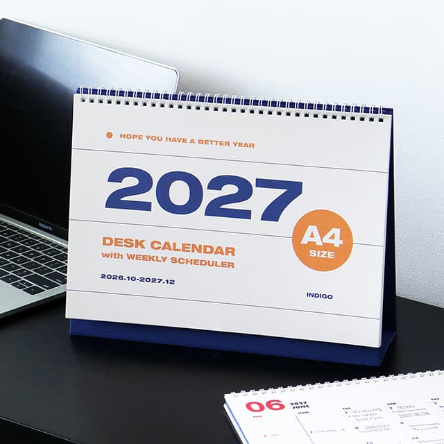 【インディゴ】2027 ベーシック A4 卓上カレンダー（会社用デスクカレンダー）